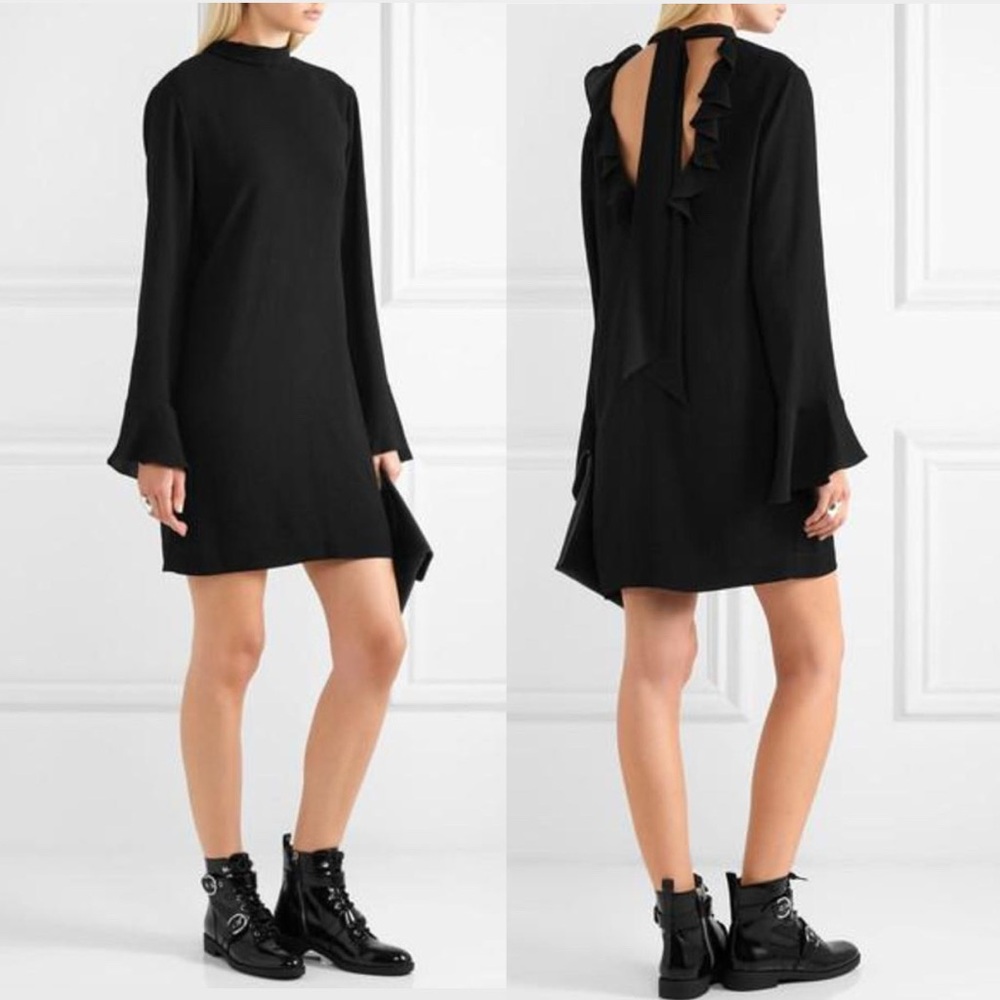 IRO || Anna Ruffled Mini Dress Crepe de Chine Open Tie Back Black 38 US 6